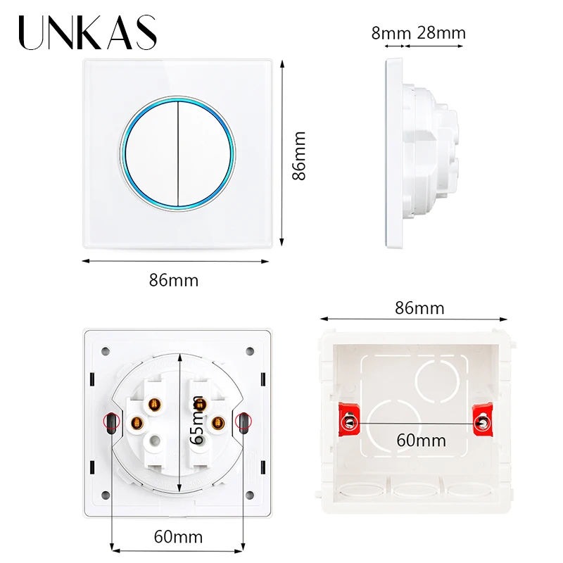 UNKAS Wall Light Switch LED Round Button Push-return 1 2 3 4 Gang Glass And Matt Brushed Aluminum Panel Silver Black Gold