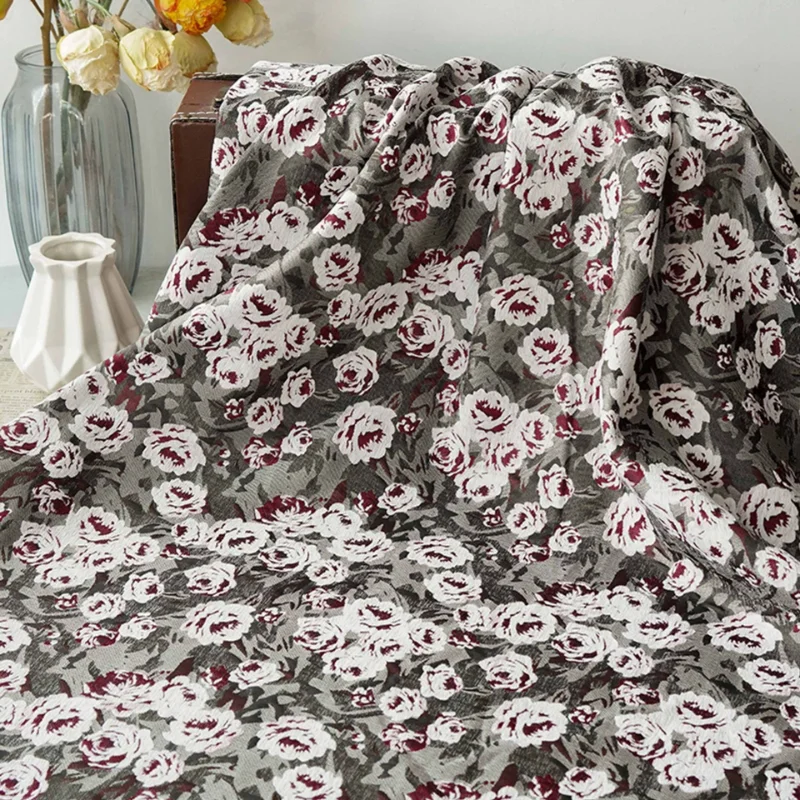 1 Meter Vintage Oil Painting Rose Jacquard Fabric Yarn Dyed Grey Green Base Autumn Winter Vest Coat Home Textile DIY Material