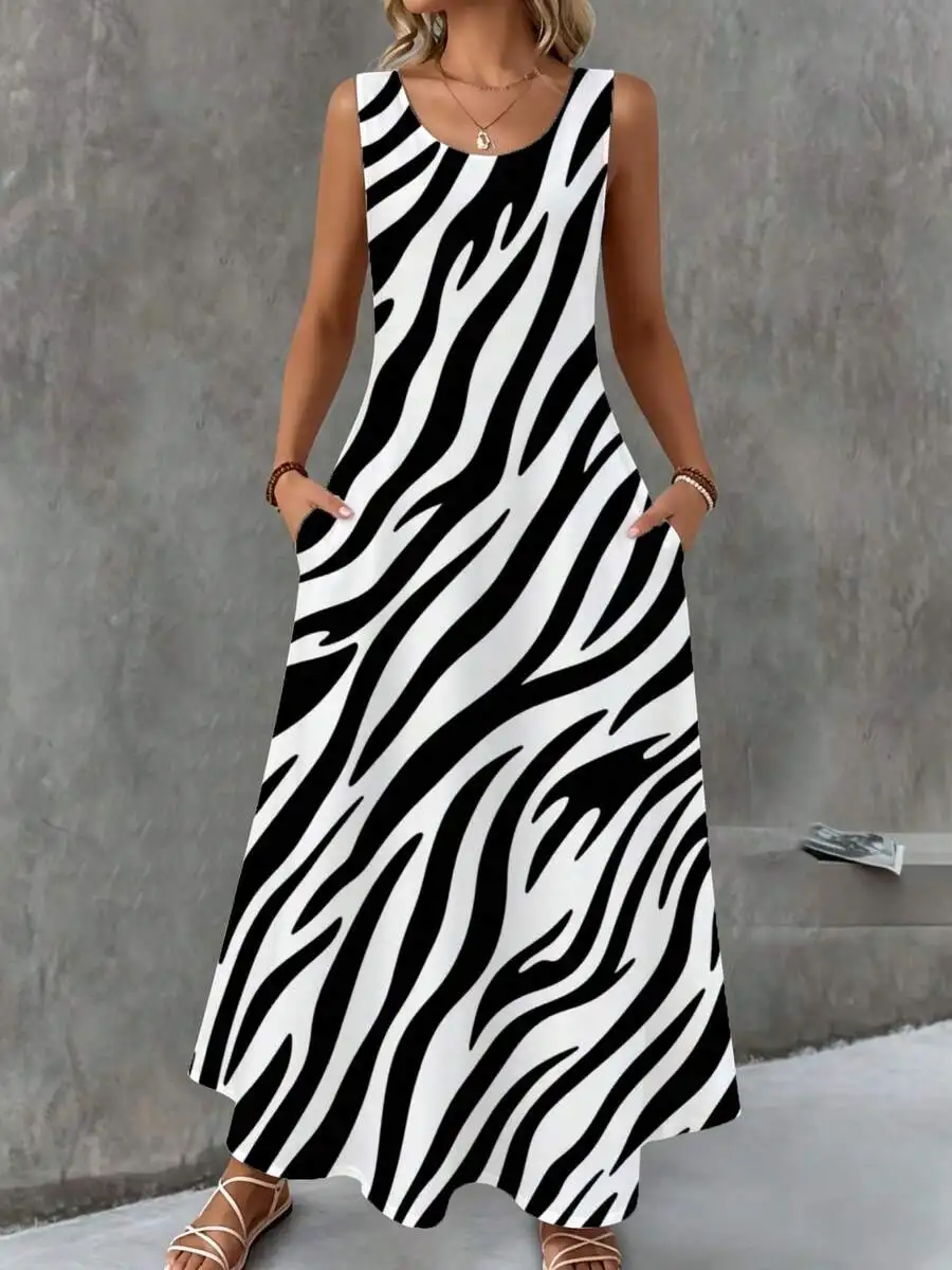 

Sleeveless Maxi Dress Black And White Zebra Print Casual Summer Beach Wear