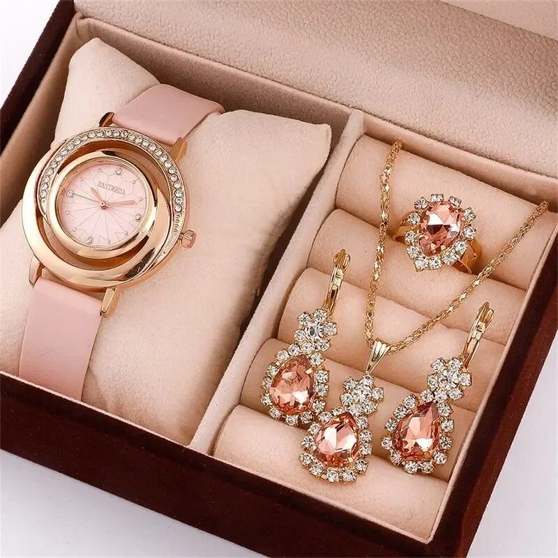 Reloj de cuarzo con diamantes de imitación para mujer, conjunto de joyería de 5 piezas, delicado, redondo, a la moda