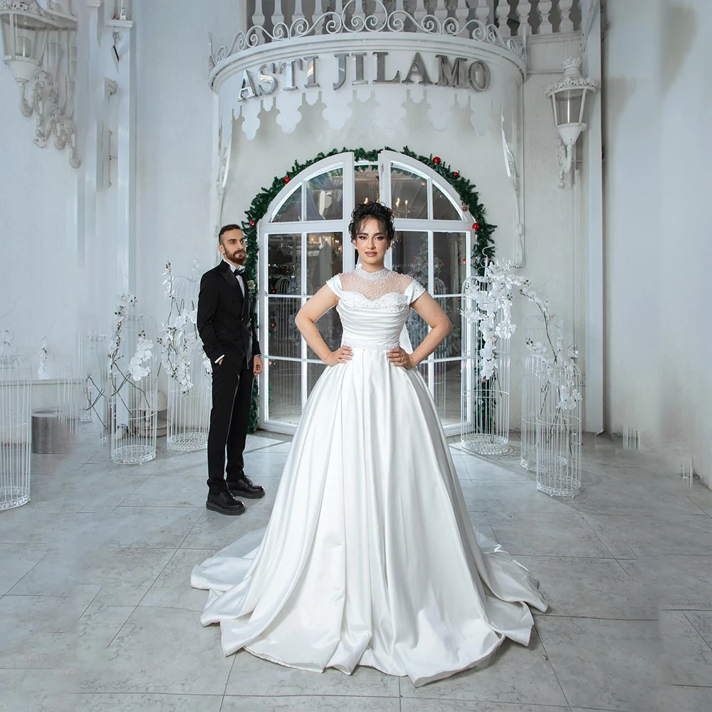 

Fashion Wedding Dresses Short Sleeve High Neck Bride Dress with Beading Bridal Gown فستان. عروس مغربي Customized