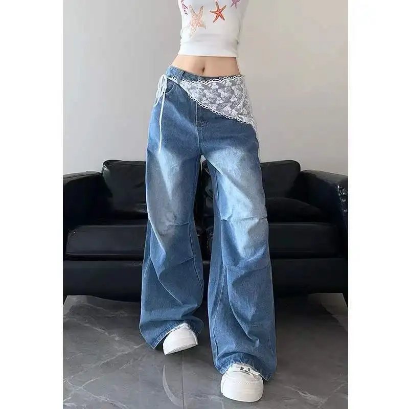 

Kawaii Cartoon Lace Washed Blue Cargo Jeans Wide Leg Cotton Pants Trousers for Women Men Grunge Goth Y2k Aesthetic Streetwear