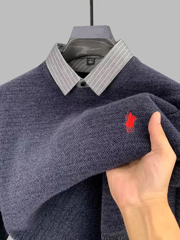 شخصية وهمية قطعتين الرجال محبوك سترة فاخرة مصمم العلامة التجارية بول المهر التطريز الأزياء مخطط قميص طوق السترة