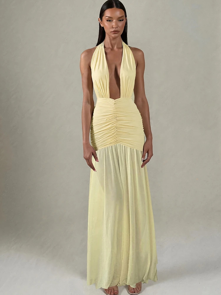 Sukienka dziewczęca Sisterlinda, kolekcja wiosenna, moda młodzieżowa, styl high street, długa sukienka K25D71820, gładka, dopasowana, z dekoltem typu halter, odkryte plecy.