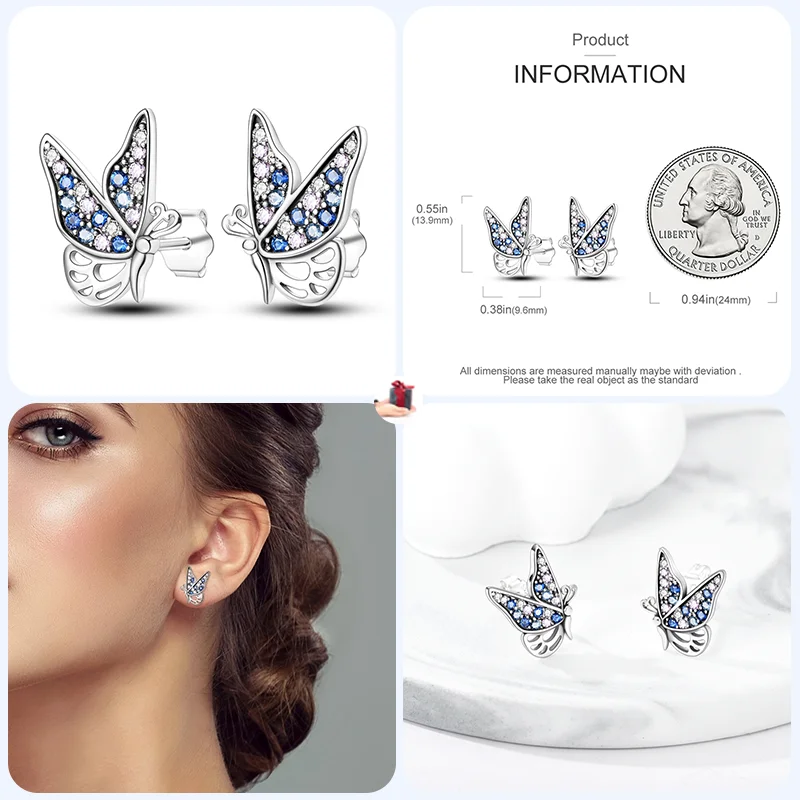 925 Sterling Silver Fashion Star Butterfly Sparkle Hoop Stud Earrings for Women Heart Shaped Zircon Earrings Party Jewelry Gifts