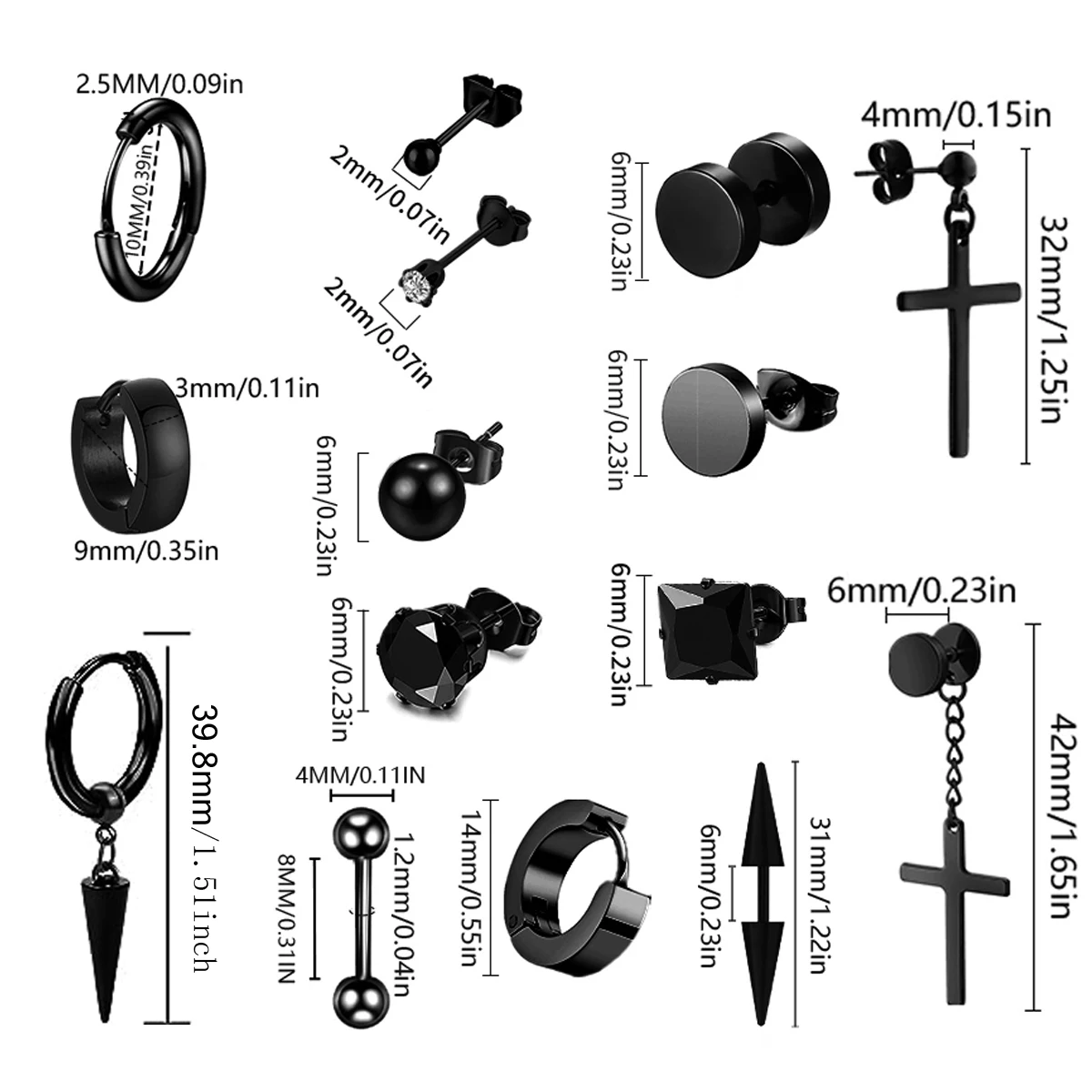 22 piece black men's earring set stainless steel small hug circle earrings cross studs and earrings, fashionable pierced jewelry view 4