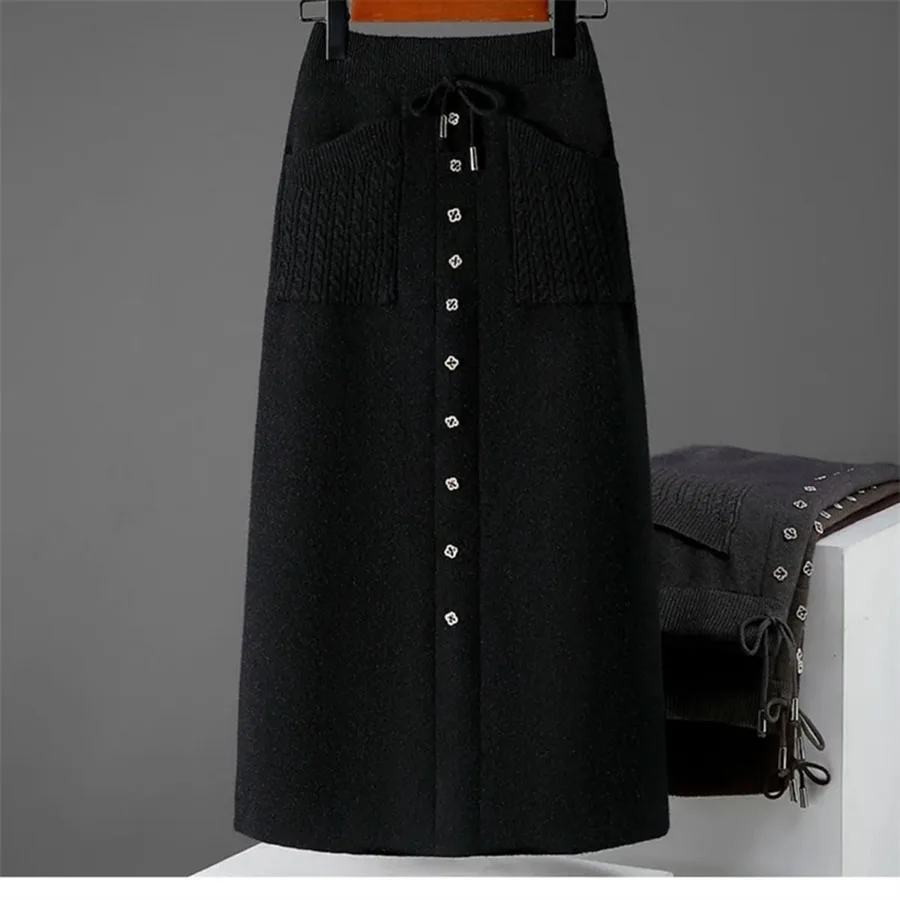 محبوك تنورة المرأة الخريف الشتاء مزاجه الجديد رقيقة ورقيقة مطاطا الصوف تنورة عالية الخصر كلمة تنورة طويلة السيدات #5