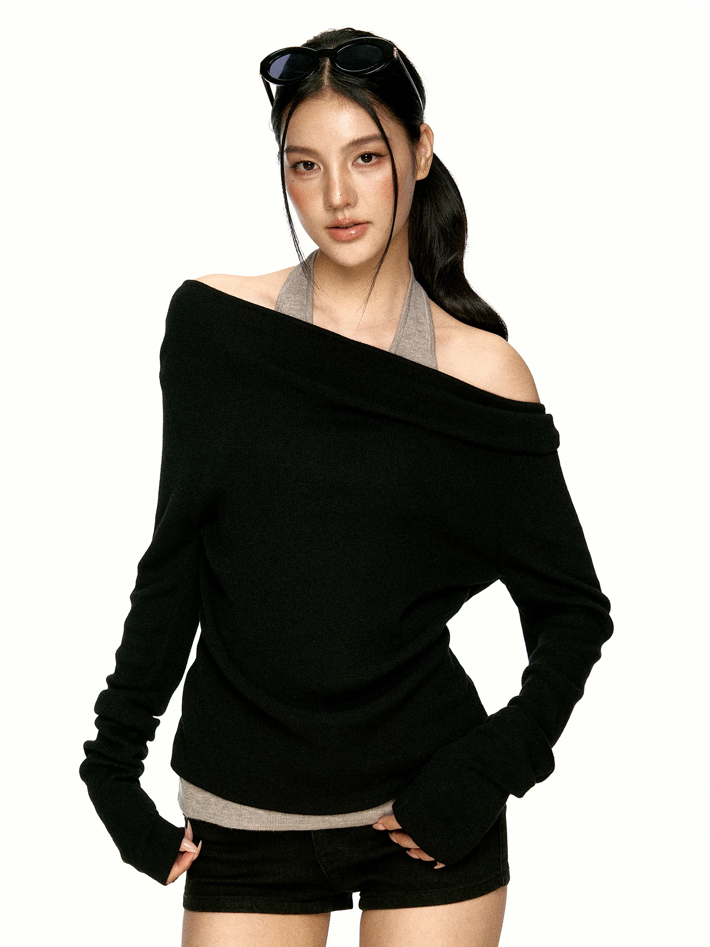 Aaisup Black Layered Neck Hanging Long Sleeve Knitted T-Shirt Women's Early Autumn Design Sense Shoulder Exposure Top
