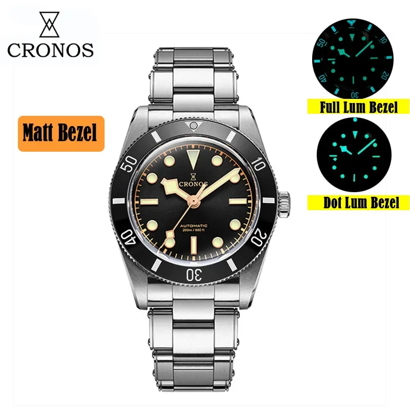 Cronos Luxury Men\'s Watches 37mm Diver BB54 Vintage Automatic Matt/ Aluminum Bezel Female End Links Sapphire 20 Bar L6024