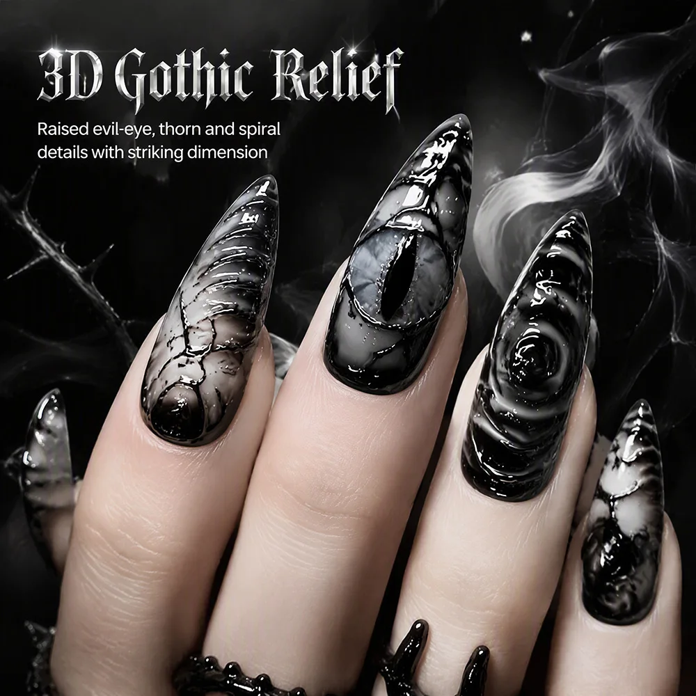 30Pcs Y2K Halloween Stiletto Gothic Press On Nails Glossy Acrylic Fake Nails Embossed Devil Eye Pattern Punk Style False Nails