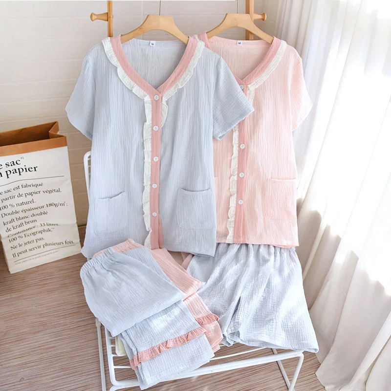 2023 New Summer Pants Cotton Three Piece Sleepwear Women's Double Layer Gauze Breathable Casual Home Suit Short Sleeve V Neck