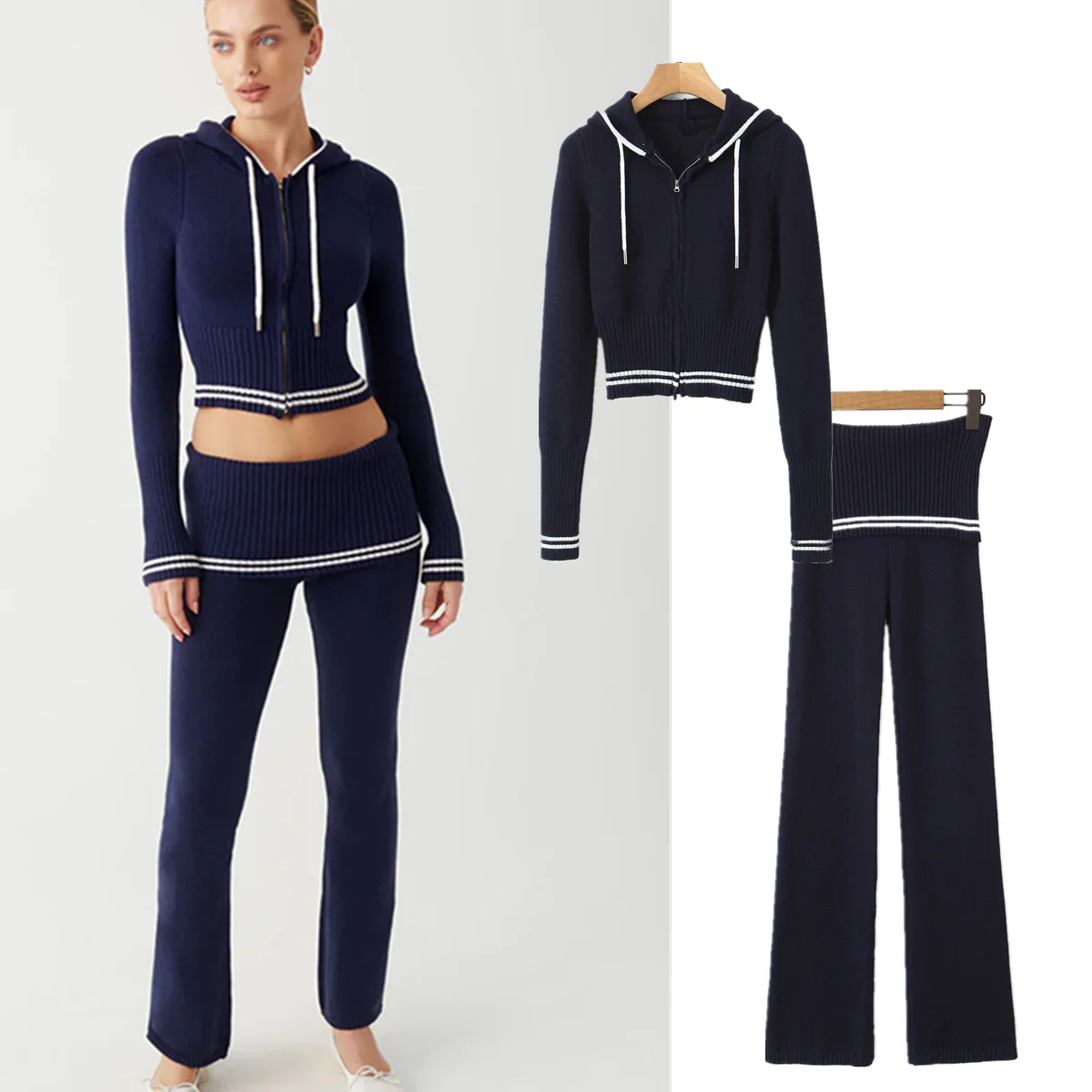 

Dave&Di American Retro Navy Contrasting Hooded Knitted Sweatshirt Low Waist Tight Casual Pants Two Pieces Set Women