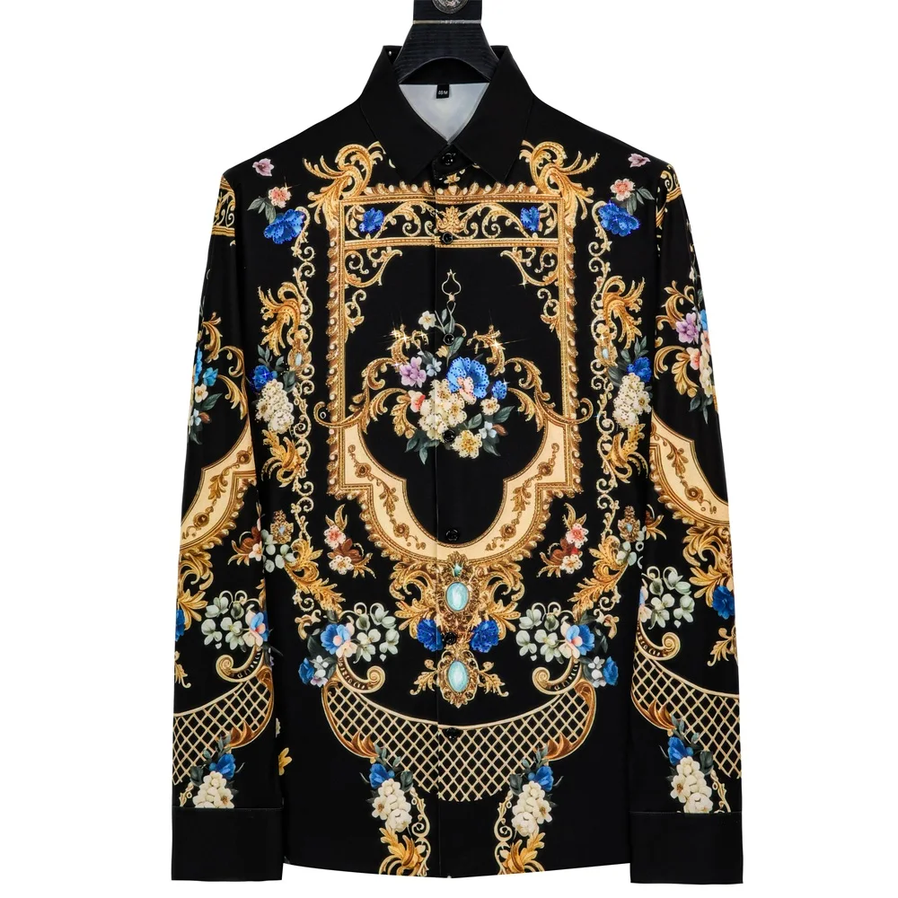 British Style Shield Rhinestone Flower Shirt for Men Long Sleeve Slim Fit Casual Business Formal Shirts Party Social Banquet Top
