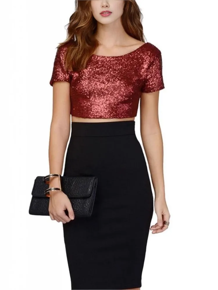 2025 Summer Casual T Shirt Women Top Mujer Short Sleeve Backless Sequin Solid Color Hot Style Trendy Slim Shirts Sexy Commuting