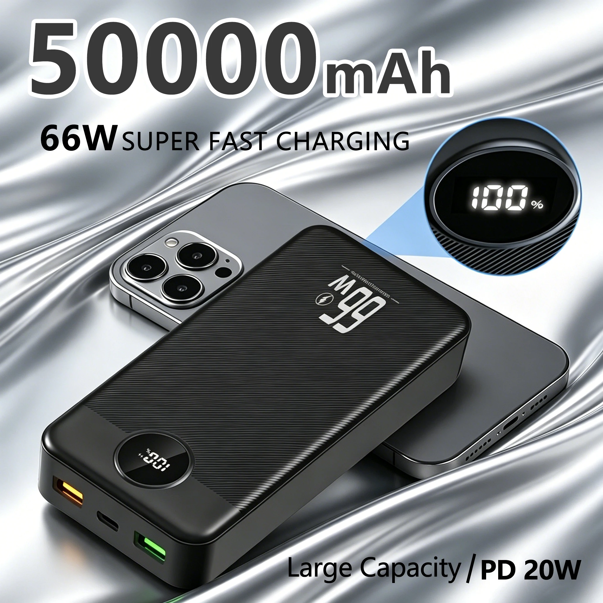 Diese 50000mAh Hochleistungs-Powerbank verfügt über 3 Ausgänge/1 Eingang, 66W schnelles Laden, ein kompaktes und tragbares Design, intelligentes Digitaldisplay und eine sichere