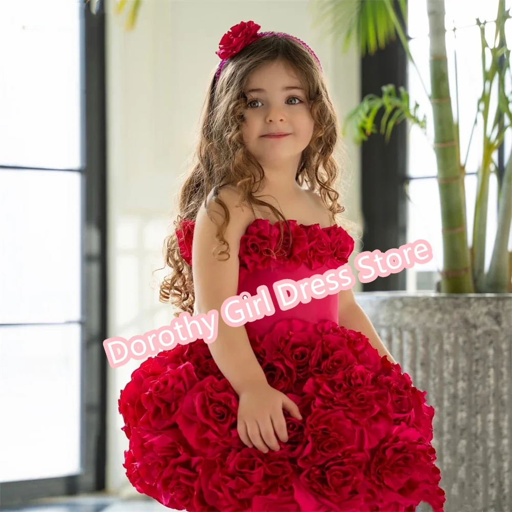 

Cute Red Spaghetti Strap Flower Girl Dresses Ball Wedding Party Gorgeous Birthday Beauty Pageant Communion Dresses