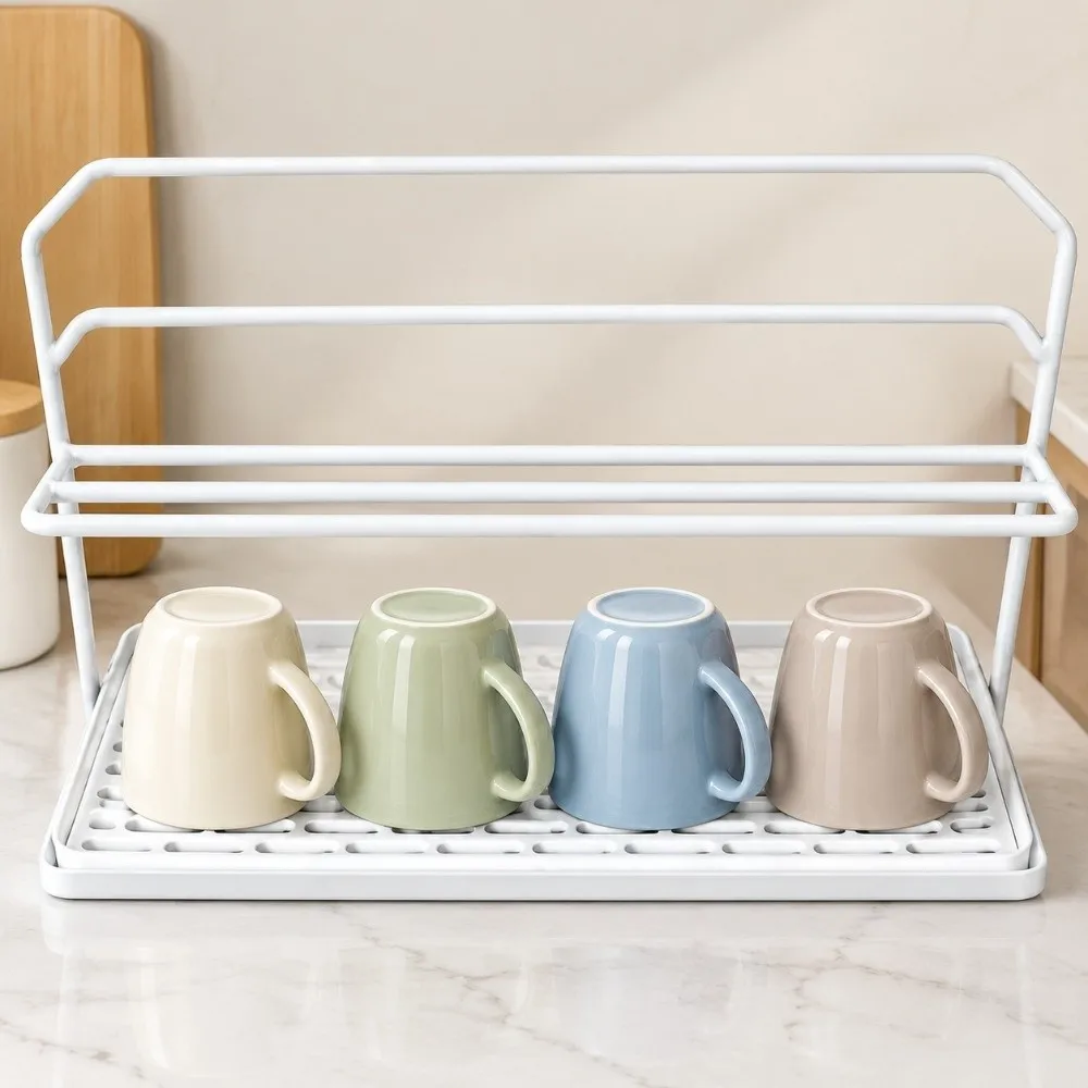 Tea Cup 2-Tier Cup Rack With Draining Tray Carbon Steel Mug Holder Multi-functional Space Saving Cup Organizer Stand Kitchen