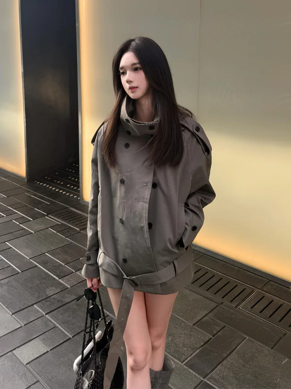 

Retro Fashion Stand Collar Double Button Women's Coat Loose Fit Versatile Slimming Outerwear Polyester Fiber Long Sleeve
