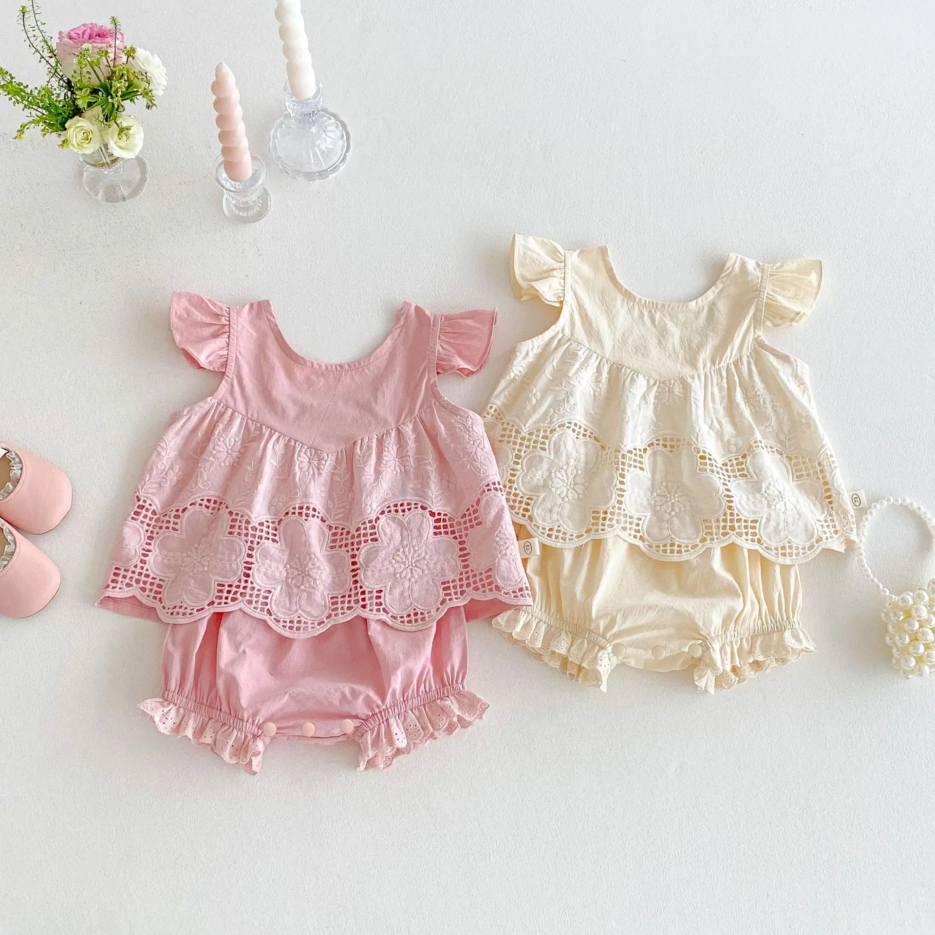 Baby Breathable Set 2026 Summer New Small Fragrant Style Hollow Doll Shirt Flower Bud Pants Two Piece Set