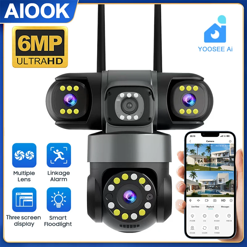 

AIOOK YOOSEE Ai Outdoor Camera WiFi HD 6MP Triple Lens Camera Waterproof Night Vision Two Way Intercom Mobile Tracking IP Camera