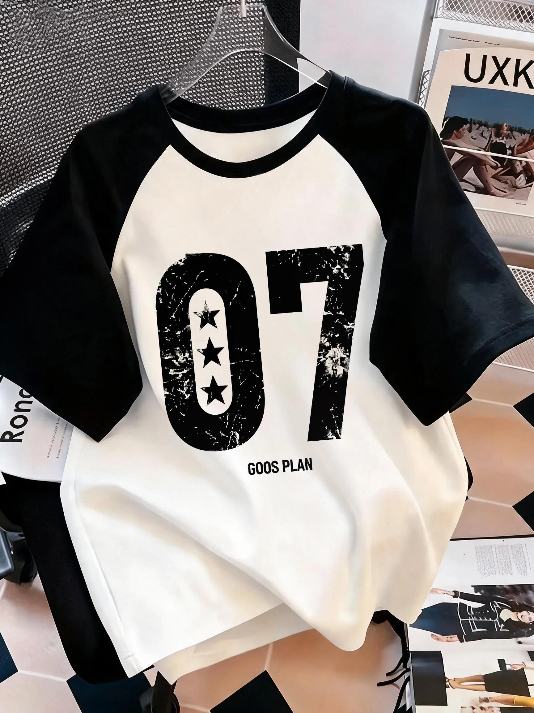 Vintage Style Patchwork Color-Blocked Round-Neck Ragaln Short-Sleeve T-Shirt Women's American Street Style T Shirt Clothes 90s