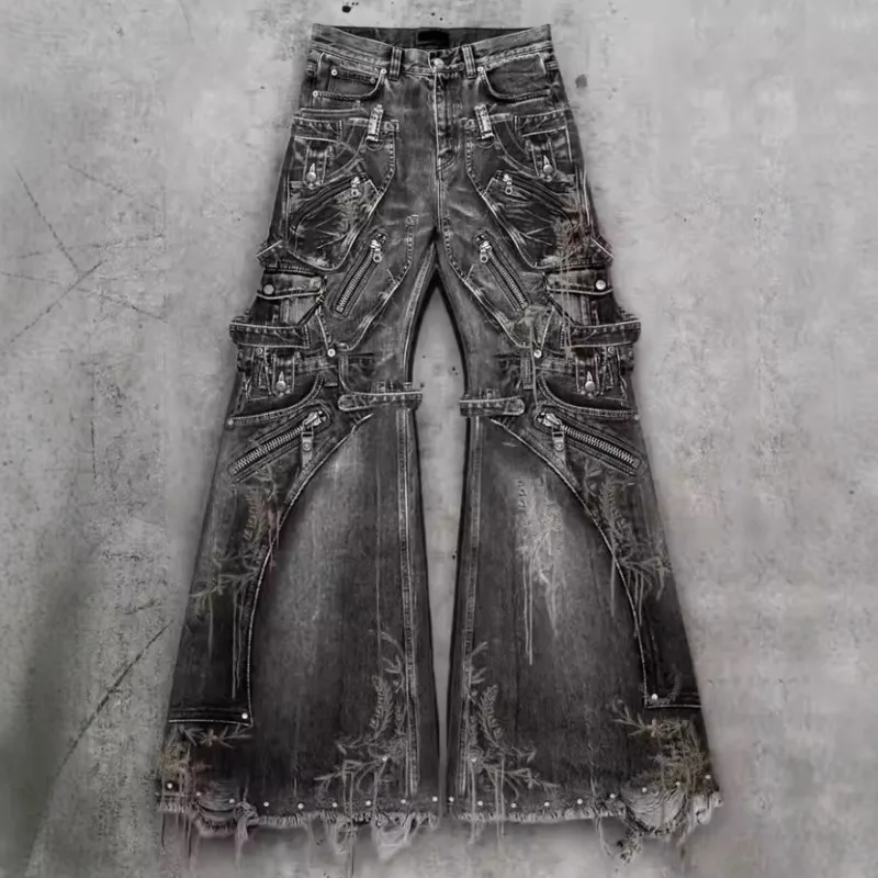 

Американские Ретро Готические Рваные Джинсы Muti Pockets High Streetwear Мешковатые Джинсы Y2k Панк Рок Широкие Джинсовые Узоры 2000-х годов Одежда Y2k