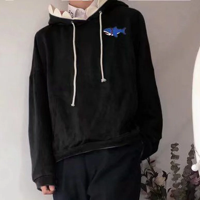 Fashion Shark Plus Velvet Embroidered Hooded Sweater Men and Women Autumn and Winter 2022 Loose Casual Top Hoodie Sweatshirts