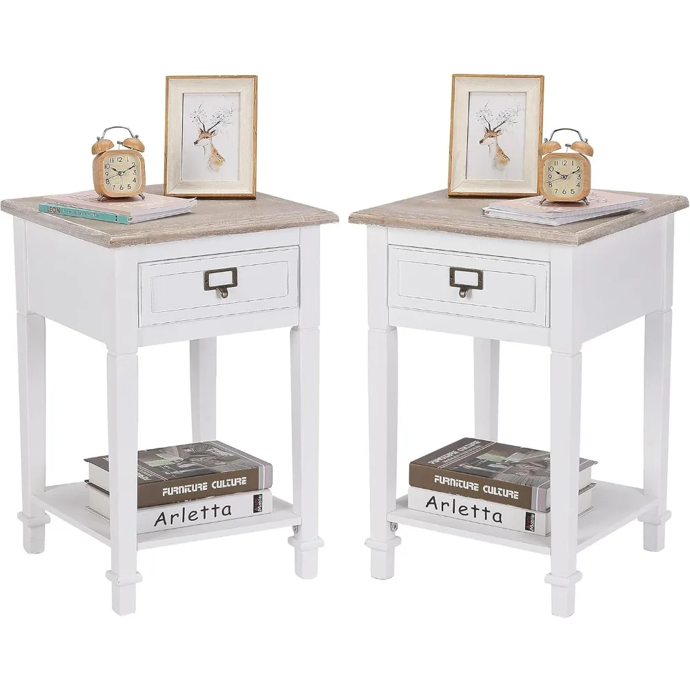 

vintage country style end table with drawers and open shelf for living room, wooden top handcrafted nightstand