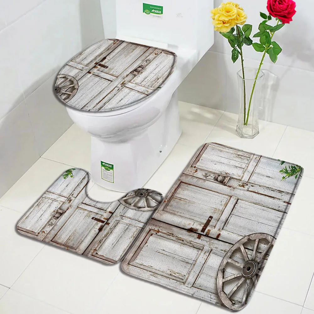 Farm Barn Wooden Door Bath Mat Set Brown Wood Wheel Purple Flower Flannel Carpet Bathroom Decorative Floor Rugs Toilet Lid Cover