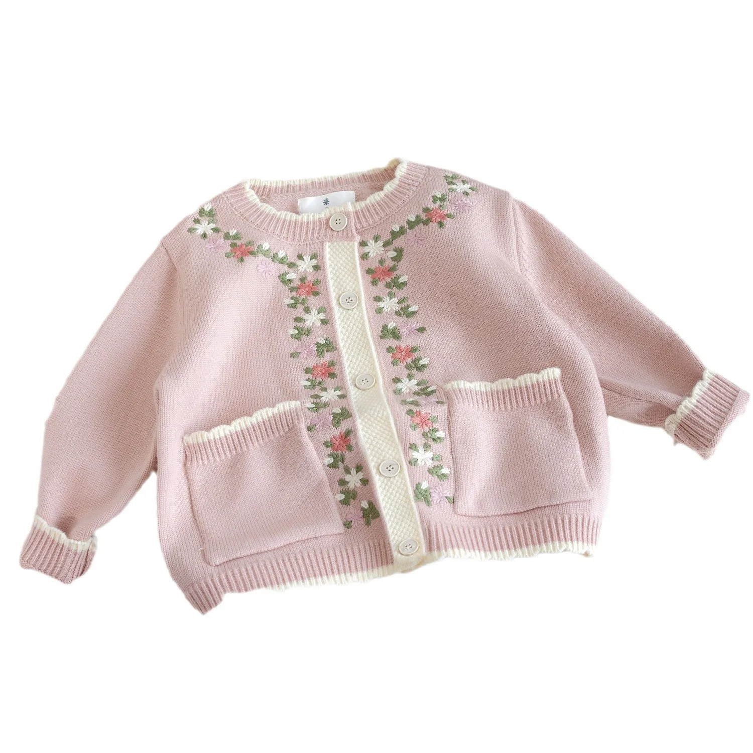 Girls cute flower knitted top 2024 autumn new sweet embroidery stitching female treasure spring and autumn knitted cardigan