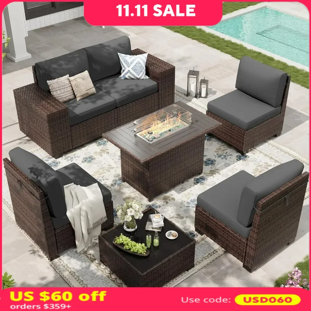 

Outdoor Sectional Furniture Set with Fire Pit Table, 7-Piece Brown Rattan Wicker Conversation Sofa Set for Porch Garden Backyard