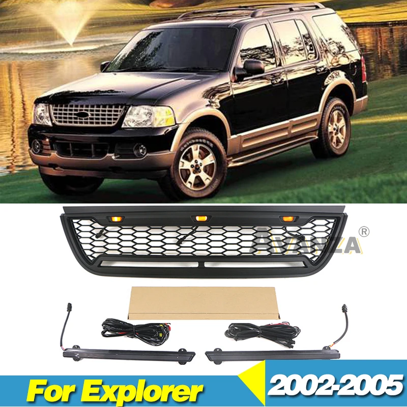 Front Grille W/Light Bars Racing Grill Modified Auto Parts Fits For 2002-2005 Ford Explorer Grill