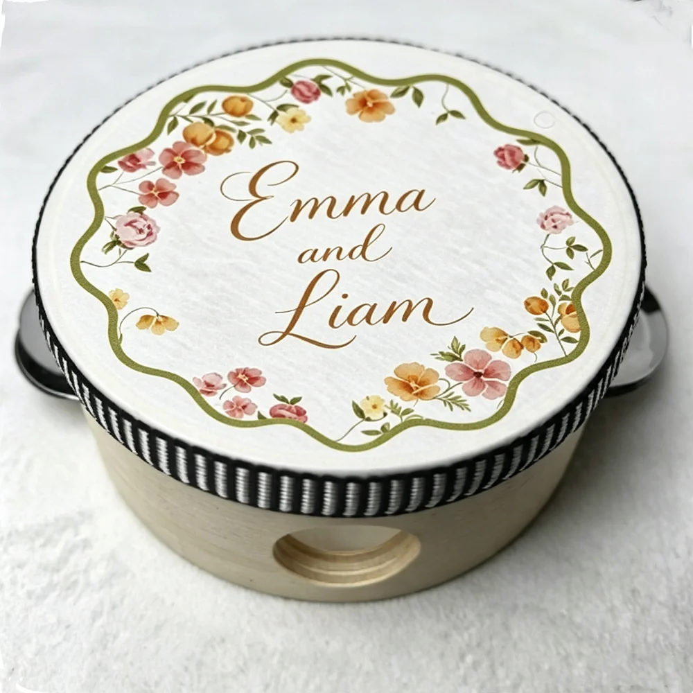 10Pcs Personalized Wooden Tambourine Favor,Custom Printing Your Crest and Monogram Tambourines,Guest Place Card,Wedding Favors