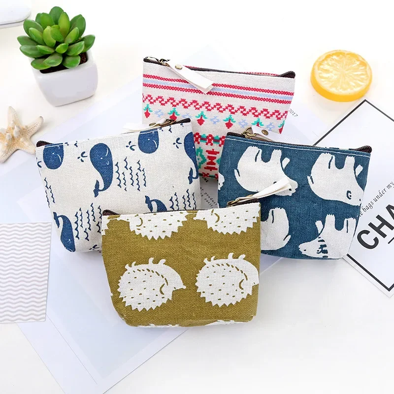 Students Cute Canvas Fabric Coin Money ID Bus Cards Storage Bags Small Square Polar Bear Whale Keys Earphone Storage Bags Wallet