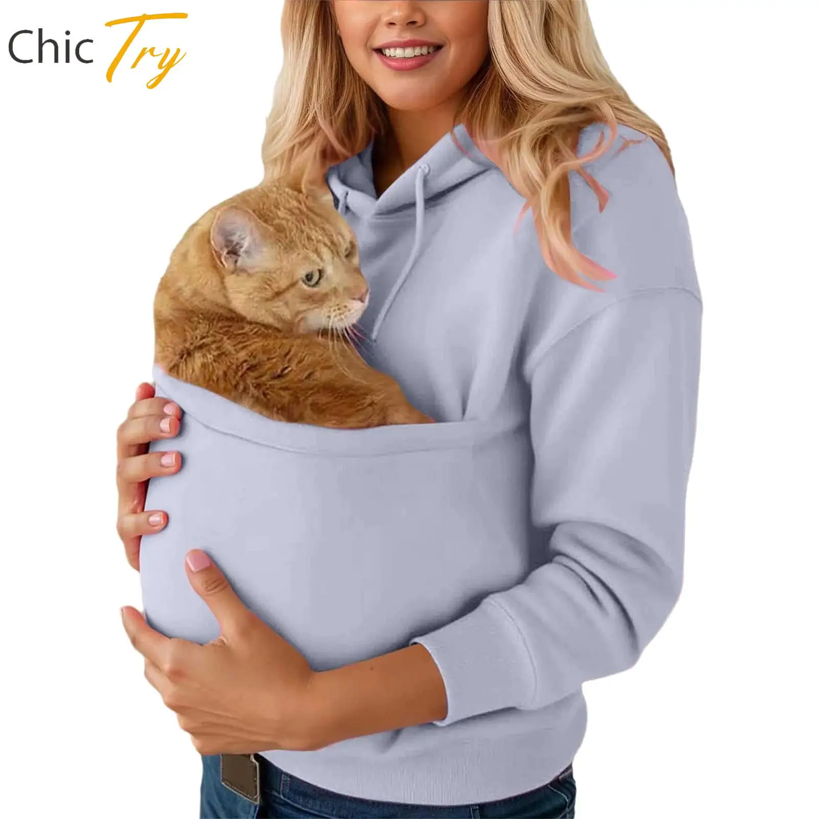 

Women Home Casual Outing Park Costume Drawstring Hooded Sweatshirt with Pet Pocket Long Sleeve Loose Pullover Hoodie Casual Tops