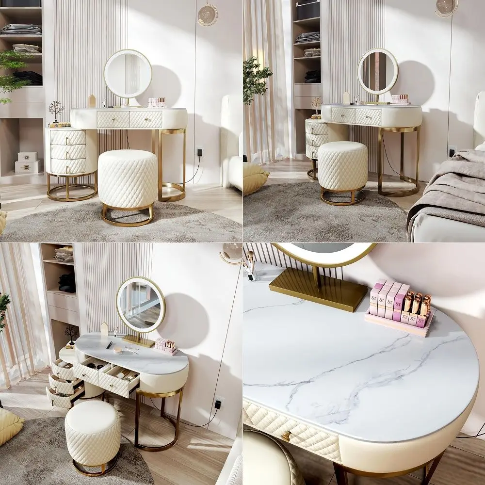 Faux Leather Makeup Vanity Desk with HD Mirror and 3 Colors Lights Mode, Movable Side Cabinet, Women Dressing Table with 5 Draw