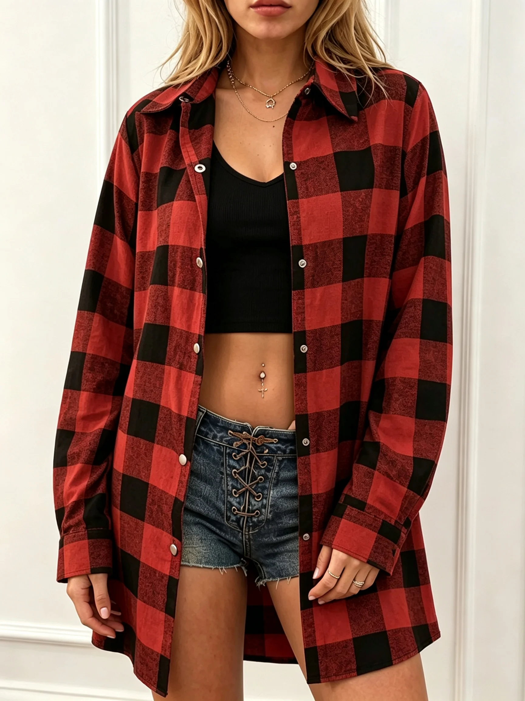 Women Plaid Shirt Lapel Long Sleeve Button Down Tunic Tops Loose Casual Oversized Checkered Blouse Streetwear Shacket