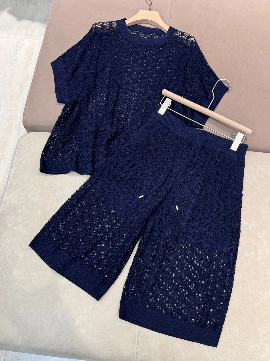 Hollow knitted crochet silk linen fashionable casual suit with shorts