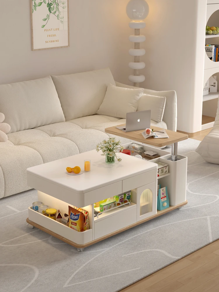 French cream wind liftable rock slab coffee table small apartment living room home furniture multi-functional mobile