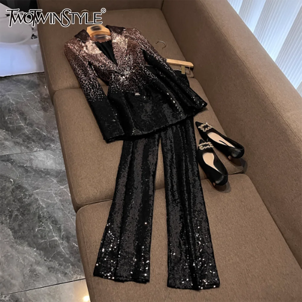 

TWOTWINSTYLE повседневные утягивающие комплекты из двух предметов для женщин, топ с длинными рукавами и лацканами, брюки с высокой талией, сексуальный праздничный комплект, женский новый KSE545772