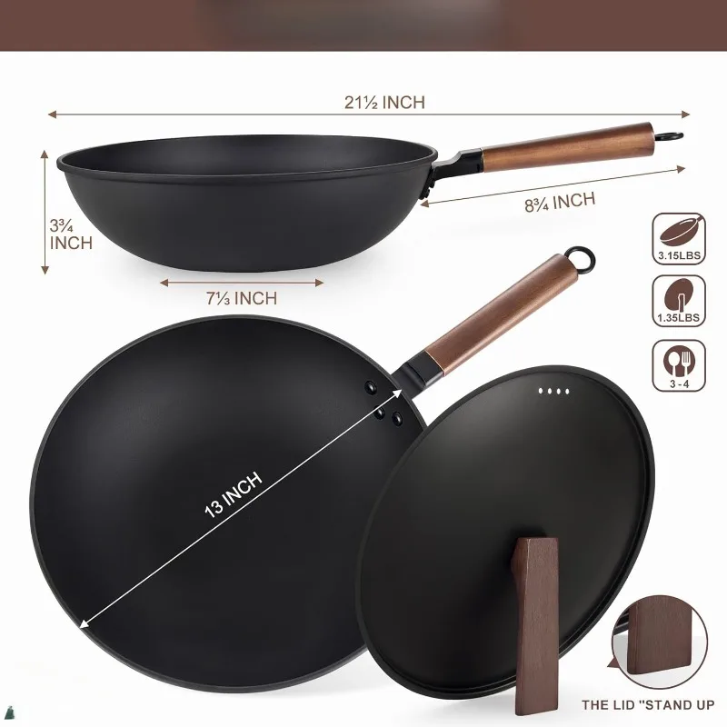 13'' Carbon Steel Wok, 12 Piece Wok Pan & Stir-Fry Pans Set with Lid & Cookwares, No Chemical Coated Flat Bottom Chinese Wok