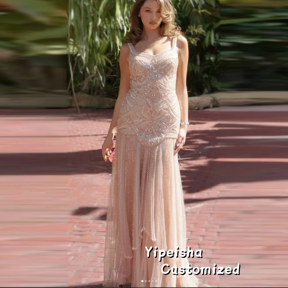 

Customized Luxury Nude Spaghetti Strap Beaded A line Evening Dress Elegant Gown for Formal Prom Dresses