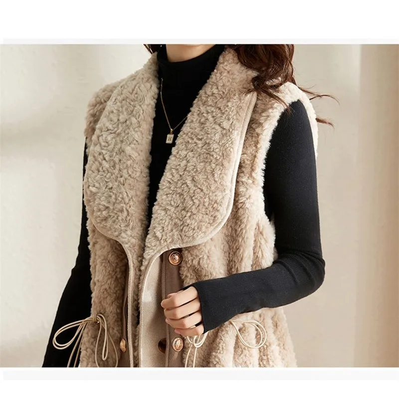 Lamb Wool Vest Jacket Women Autumn Winter Solid Color Thick Sleeveless Coat Chaleco Mujer Fashion Drawstring Female Waistcoat