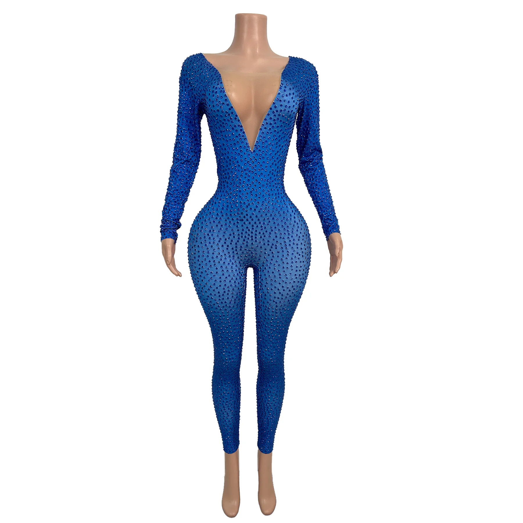 

Yekong Elegant Women Evening Party Jumpsuit Sexy Mesh Splicing V-neck Diamond High Elasticity Leggings Bar Performance Costume