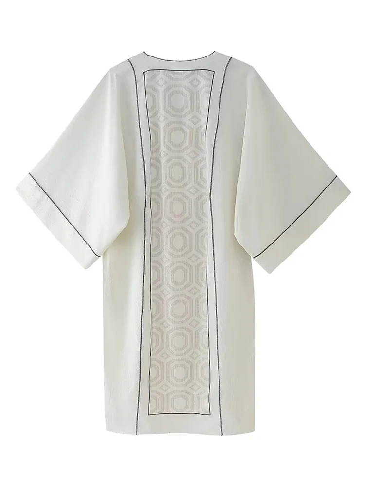 Robe en lin mélangé pour femmes, col en V, manches courtes, décontracté, blanc, mode féminine, dos imprimé, style chemise, robes d'été, 2024