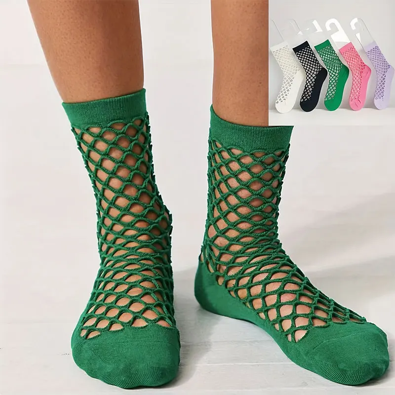 Summer Fishnet Socks Women's Solid Color Hole Socks Ladies Breathable Thin Mesh Middle Tube Socks Japanese Harajuku Female носки