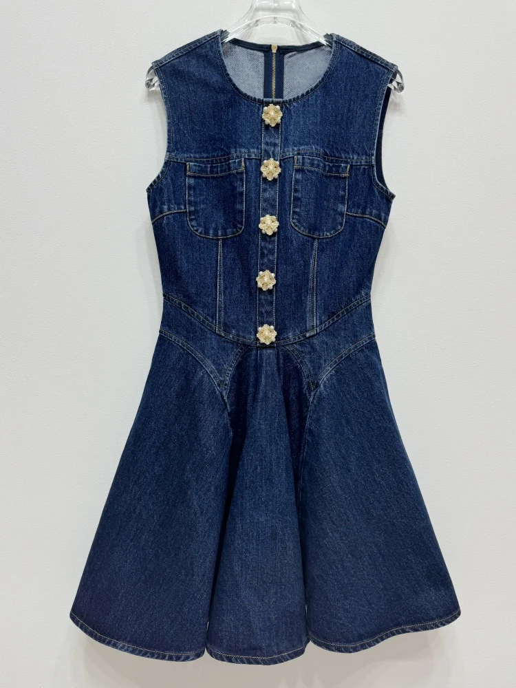 JAMERARY Brand Designer Summer Holiday Single Breasted Denim Jeans Dress Women Sleeveless A Line Pleated Short Vestidos Party
