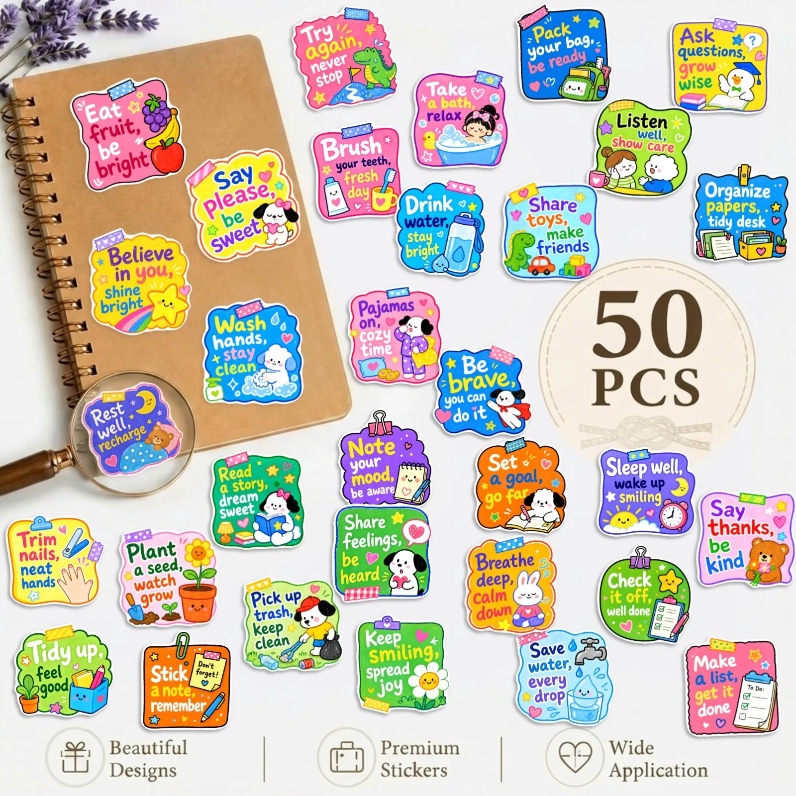 50Pcs Cute Cartoon Self-adhesive Stickers Behavior Guide Stickers Kids Daily Manners Slogan Decals For Home Classroom Wall Decor