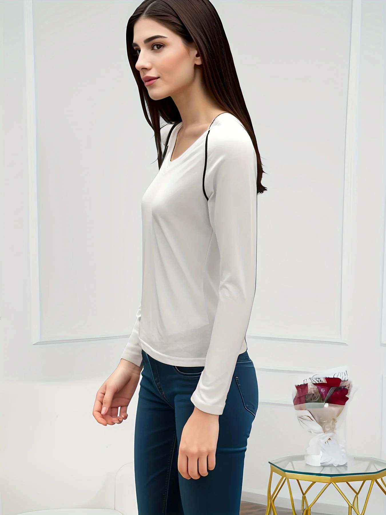 180GSM High Quality Smooth Cotton Fabric 2024 V Neck 100% Cotton T Shirt Women Autumn Long Sleeve Tops T-shirt Female Blouse