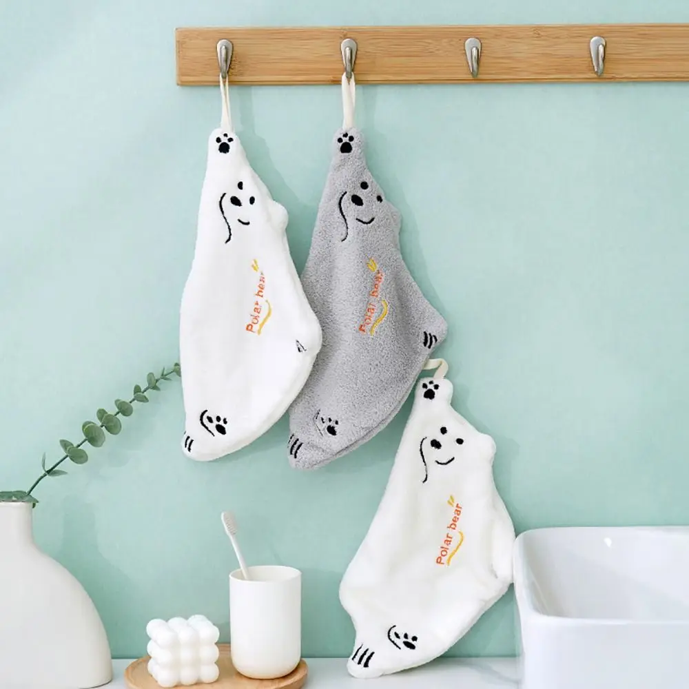 1Pcs Durable Cute Cartoon Shaped Hand Wipe Polar Bear Kitchen Household Hanging Towel Hangable Wipe Quick Dry Coral Velvet Towel